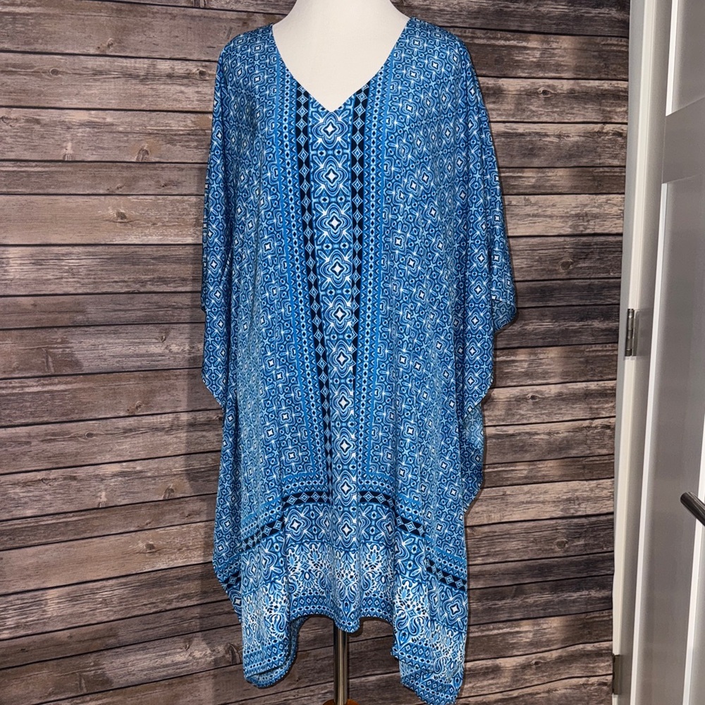 Lands' End Blue and White Patterned Kaftan Swim Cover Up